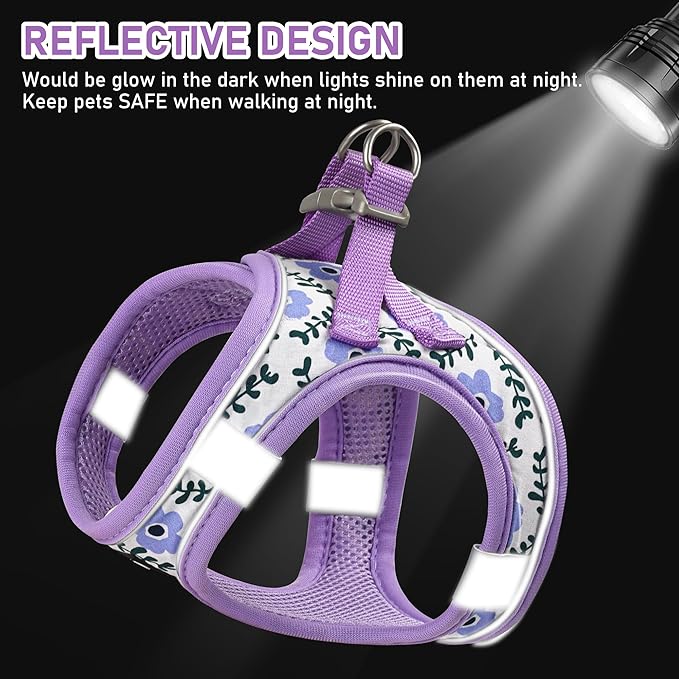 GAMUDA Small Dog Harness Collar and Leash Set, Step in No Chock No Pull Soft Mesh Adjustable Dog Vest Harnesses Plaid Reflective for Dogs Puppy Cats Kitten Rabbit (Purple Flower, XXS)