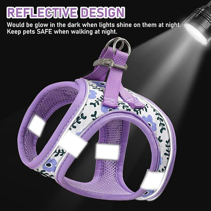 GAMUDA Small Dog Harness Collar and Leash Set, Step in No Chock No Pull Soft Mesh Adjustable Dog Vest Harnesses Plaid Reflective for Dogs Puppy Cats Kitten Rabbit (Purple Flower, XXS)