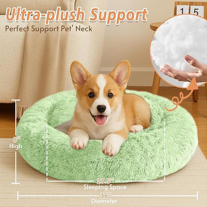 JOLLYVOGUE Calming Dog Bed Large Size Dog, Anti-Anxiety Donut Large Pet Bed, 36 inches Fluffy Faux Fur Round Cat Bed, Fits up to 75 lbs Pets (Light Green)