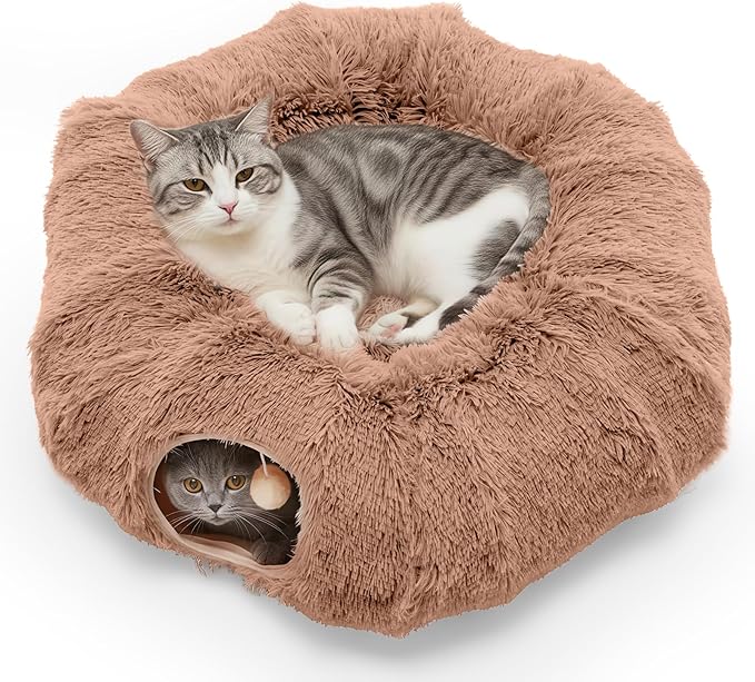 DUMOS Cat Tunnel Bed for Indoor Cats Cave Donut Play Tunnel with Soft Plush Peekaboo, Circle Cushion, Washable Multifunctional Playground Under Tree Pet Toys for Kittens, Puppy Rabbit, Ferret - Brown