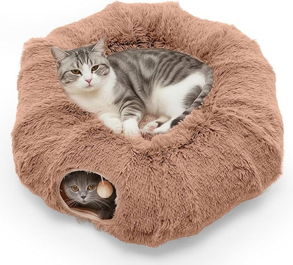 DUMOS Cat Tunnel Bed for Indoor Cats Cave Donut Play Tunnel with Soft Plush Peekaboo, Circle Cushion, Washable Multifunctional Playground Under Tree Pet Toys for Kittens, Puppy Rabbit, Ferret - Brown
