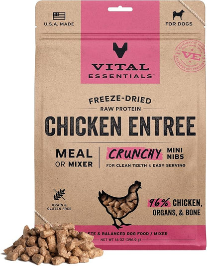 Vital Essentials Freeze-Dried Raw Dog Food, Chicken Crunchy Mini Nibs | Complete Meal or Mixer | High Protein Dog Food | 14 oz
