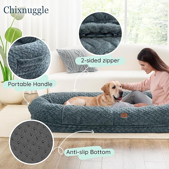 Human Dog Bed for Adult - Luxury Faux Fur Giant Size Dog Bed with Portable Handle, Egg Orthopedic Foam Bed with Blanket, 72"x40"x10", Grayish Blue