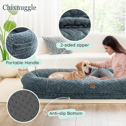 Human Dog Bed for Adult - Luxury Faux Fur Giant Size Dog Bed with Portable Handle, Egg Orthopedic Foam Bed with Blanket, 72"x40"x10", Grayish Blue