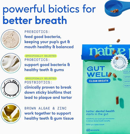 Native Pet GutWell Clean Breath - Dog Breath Freshener & Dog Dental Powder - Teeth Cleaning to Reduce Plaque & Tartar - Promotes Fresh Breath with Targeted Triple-biotic Dental Care Blend - 60 Scoops
