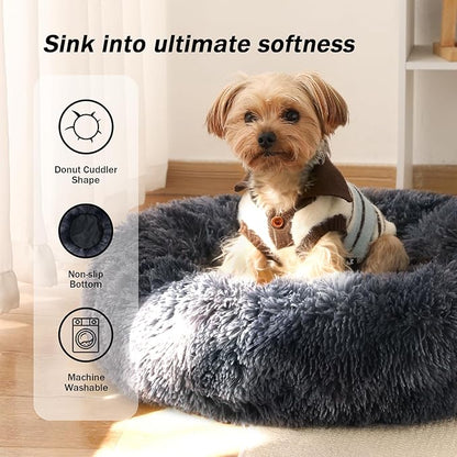 NOYAL Calming Donut Dog Bed for Small to Medium Dogs & Cats - Plush Faux Fur Anti-Anxiety Pet Bed with Machine Washable Cover & Non-Slip Base