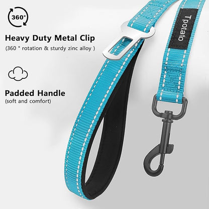 6 Foot Blue Dog Leashes for Large Medium and Small Breed Dogs That Pull,Reflective Nylon Heavy Duty Dog Leash with 2 Comfortable Padded Traffic Handles and Car Seat Belt for Walking and Training