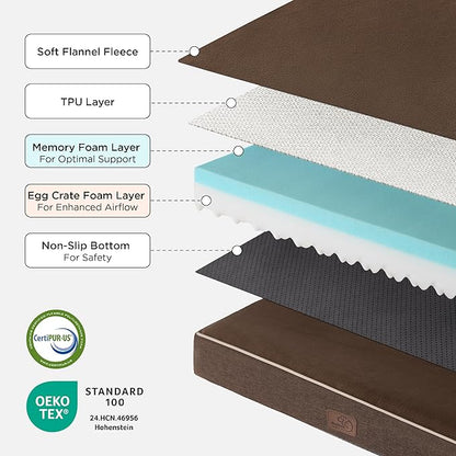 Bedsure Memory Foam Dog Beds Large Sized Dog - Orthopedic Pet Beds for Crate with Removable Washable Cover and Nonskid Bottom, Plush Flannel Fleece Top Pet Mat, Brown