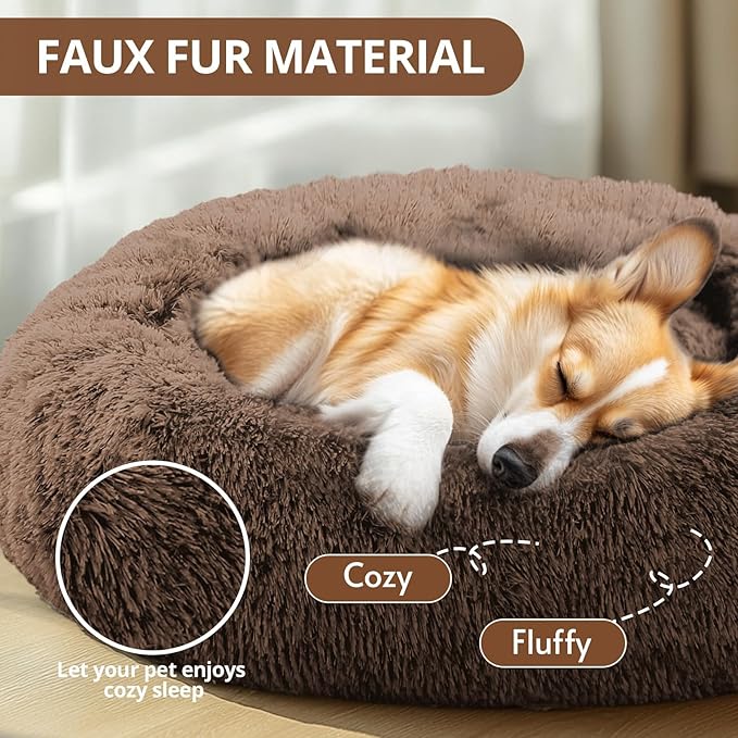 JOLLYVOGUE Calming Dog Bed Medium Size Dog, Anti-Anxiety Donut Medium Pet Bed, 27 inches Fluffy Faux Fur Round Cat Bed (Coffee)