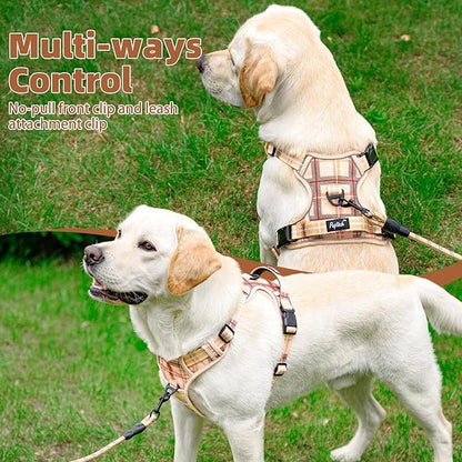 PUPTECK No Pull Dog Harness for Large, Adjustable Reflective Dog Harness with Handle Easy Control, Comfortable Soft Padded Pet Vest Harness for Large Dogs, Plaid Beige L