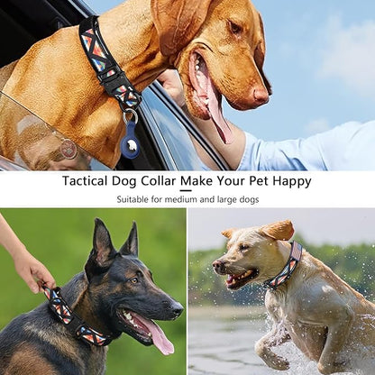 DAGANXI Tactical Dog Collar, Adjustable Military Training Nylon Dog Collar with Control Handle and Heavy Metal Buckle for Medium and Large Dogs, with Patches and Airtags Case (L, Colorful Triangle)