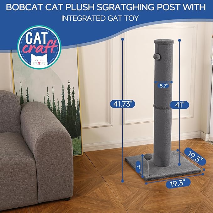 Cat Craft Cat Scratching Post Carpet Scratching Post 41" for Indoor Cats, Tall Cat Scratch Post, Carpet Cat Scratcher with Replaceable Toys, Sturdy Base, Large, Gray