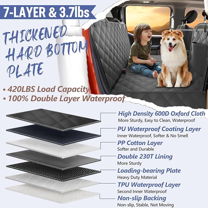 ROUWINNE Back Seat Extender for Dogs Truck-Large Space, Dog Pet Seat Cover Back Seat Hard Bottom Holds 420lbs, Waterproof Dog Hammock for Crew Cab Trucks F150, RAM1500, Sierra, Tundra, Silverado
