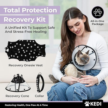 Cat Recovery Cone Kit Post Surgical Soft Pet Vest, Collar, and Non-Irritating Protection Cone for Cats - Comfortable Injury Care Solution (Black with White Paws, Small)