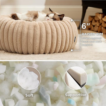 Bedsure ComfyFleece Cat beds for Indoor Cats - Donut Dog Beds for Small Dogs with Corduroy Fleece & Anti Slip Bottom, Faux Fur Pet Beds with Washable Removable Cover, Sandy Beige, 20x20x6 inches