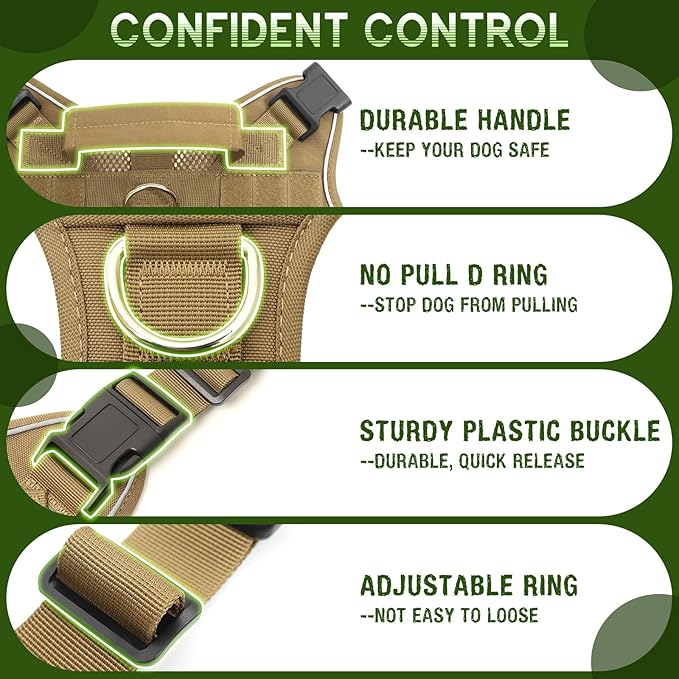 WINSEE Mesh Dog Harness with 10 Pet Patches for Large Service Dog in Training, Breathable Tactical Molle Vest with Double Handle, Reflective Military Pet Vest for Walking Hiking