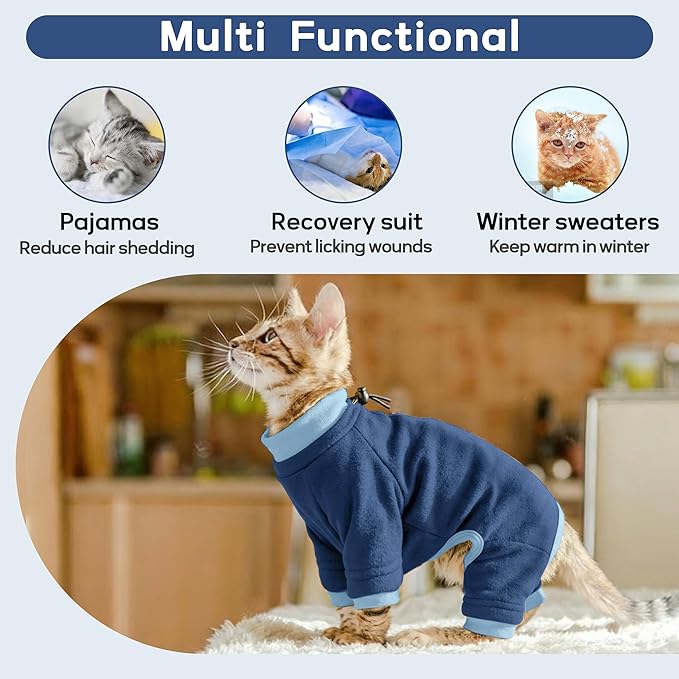 PUMYPOREITY Cat Recovery Suit, Stops Wound Licking After Surgery, Sticky Hair Shirt with Sticky Fabric, Cat Pajamas Prevents Over-Grooming, Blue, XS