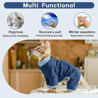 PUMYPOREITY Cat Hair Sticky Sweater, Recovery Suit - Breathable & Lightweight for Post-Surgery Protection, Cat Onsie Prevents Licking Wounds, Blue, 2XL