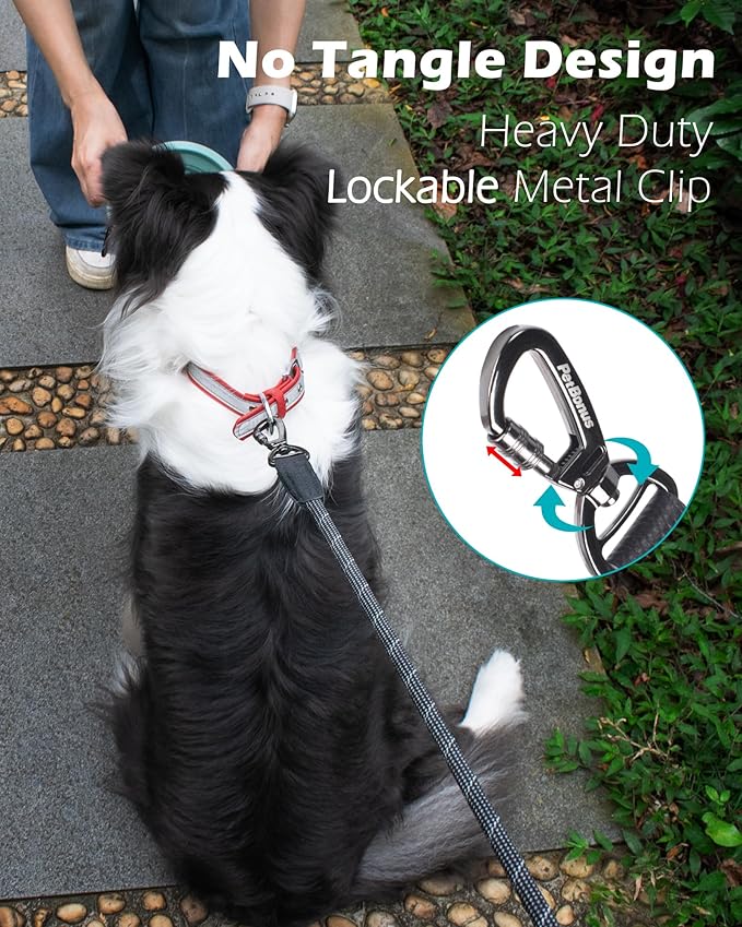 PetBonus Double Handle Rope Dog Leash, 5FT Heavy Duty Training Lead with Lockable Hook and 2 Comfortable Padded Handles, Reflective Walking Nylon Leash for Large Medium Dogs (55-200 lbs, Black Grey)