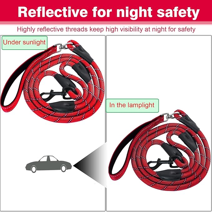 Dog Leash, 6 Foot Dog Leash, 2 Extra Padded Handles, Lockable Metal Carabiner Clip, Reflective No Pull Heavy Duty Rope Lead, Walking, Training, Running, Medium to Large Breeds（Red）