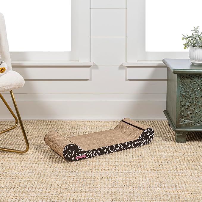 The LICKER Store CSR1003B Rini 23.75" Modern Cardboard Lounge Bed Cat Scratcher with Built-in Bell Toys and Catnip, Black/White