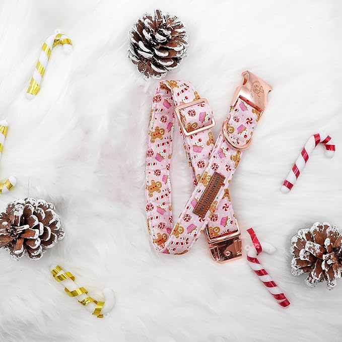 Elegant little tail Dog Collar, Christmas Pink Gingerbread Man Print Pet Collar Cute Dog Collars Male or Female Pet Gift Adjustable Dog Collar for Large Dogs