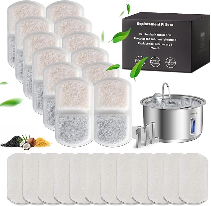 Petsamuse Dog Water Fountain for Large Pets,11L/3G Stainless Steel Fountain Triple Filtration, Great for Large Dogs Cats and Multi-Pet Home (12Set Filters for 11L Automatic Circulating Dog Fountain)