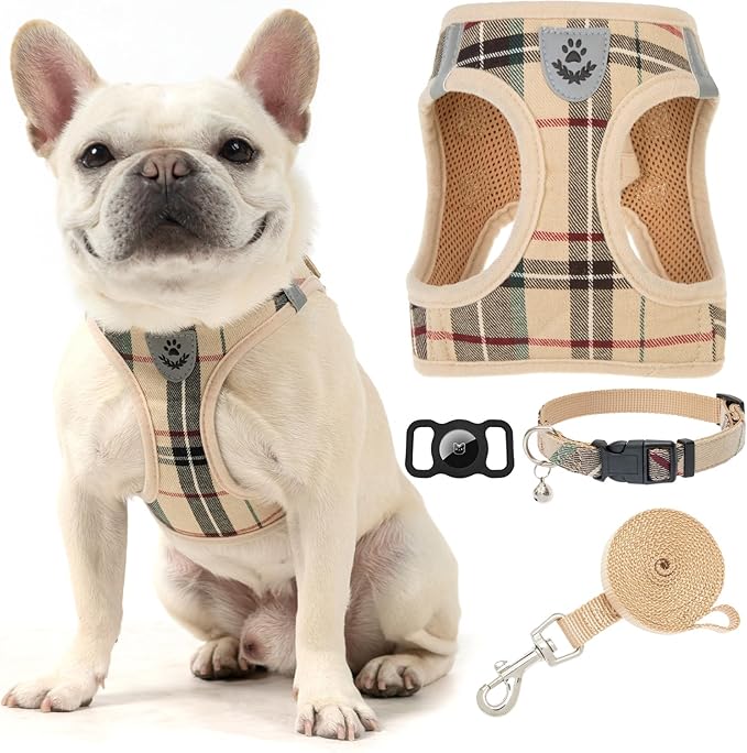 EXPAWLORER Plaid Small Dog Harness and Leash Set with AirTag Holder - Soft Padded Step in Dog Vest Harness Medium Sized Dog, No Pull Reflective Puppy Harness, Collar and Leash for Walking, Khaki L