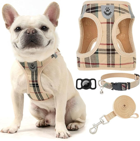 EXPAWLORER Plaid Small Dog Harness and Leash Set with AirTag Holder - Soft Padded Step in Dog Vest Harness Medium Sized Dog, No Pull Reflective Puppy Harness, Collar and Leash for Walking, Khaki L