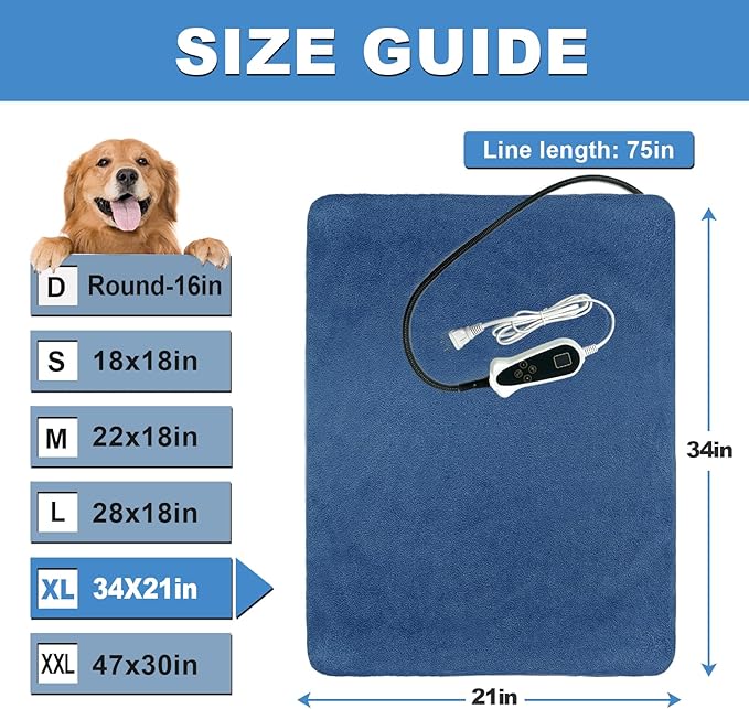 Bestio Large Dog Heating Pad,34x21 in Heated Dog Bed with Constant Heat & Auto Modes，MET&UL Certified Pet Heating Pad,Chew-Resistant Cord,Waterproof Washable Cover - Blue