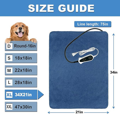 Bestio Large Dog Heating Pad,34x21 in Heated Dog Bed with Constant Heat & Auto Modes，MET&UL Certified Pet Heating Pad,Chew-Resistant Cord,Waterproof Washable Cover - Blue