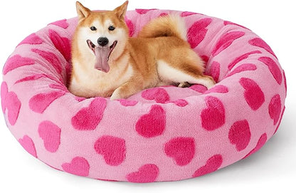 Lesure Shown on TV Donut Large Dog Bed - XL Round Beds Indoor Calming Valentine's Day Gift for Pets, Washable Cute Home Decor Beds with Jacquard Shaggy Plush & Anti Slip Bottom, 36 Inch, Lover Hearts