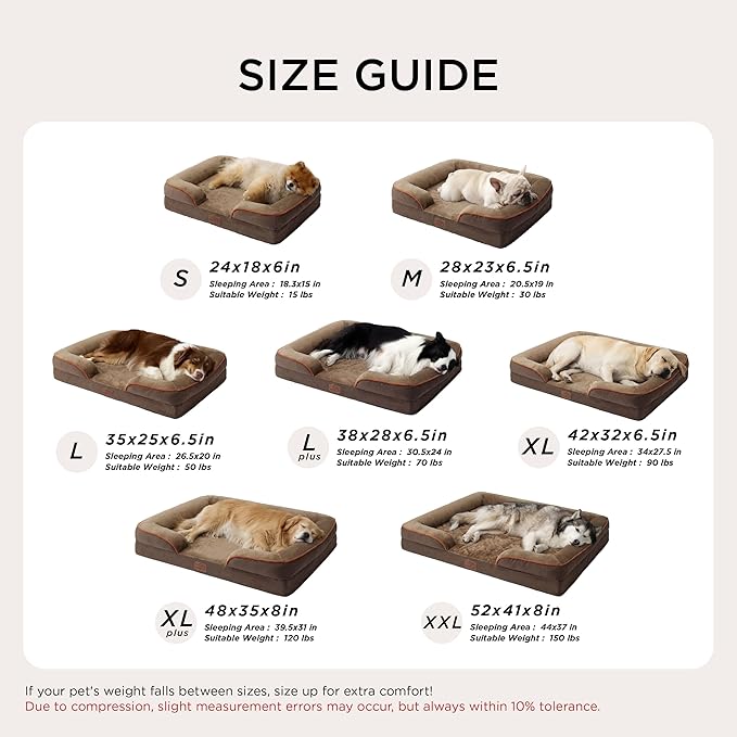 Bedsure L Plus Orthopedic Dog Bed for Large Dogs - Washable Dog Cat Bed Waterproof, L Plus Big Comfort Dogs Couch Sofa with Washable Removable Cover, Pet Bed with Nonskid Bottom, Brown, 38"