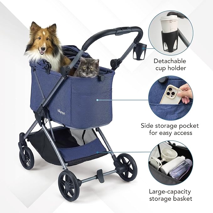 ibiyaya Maxi Deep Carriage Pet Stroller for Cats and Small Dogs – Flat-Free Rubber Wheels, One-Hand Fold, Extra-Tall Cabin (Royal Blue)