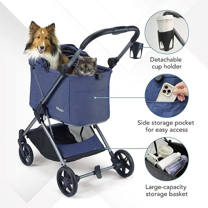 ibiyaya Maxi Deep Carriage Pet Stroller for Cats and Small Dogs – Flat-Free Rubber Wheels, One-Hand Fold, Extra-Tall Cabin (Royal Blue)
