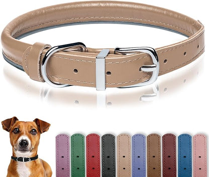 OOPSDOGGY Rolled Leather Dog Collar Reflective Roll Collars for Small Medium Large Dogs Puppy (Beige, XXS, 7''- 9'')