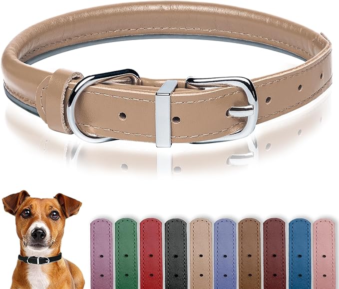 OOPSDOGGY Rolled Leather Dog Collar Reflective Roll Collars for Small Medium Large Dogs Puppy (Beige, XS, 8''- 11'')