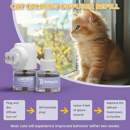 BUDDYJOY Cat Calming Diffuser Refills – Long-Lasting 30-Day Formula, Cat Pheromones Calming Diffuser for Stress Relief, Relaxation, and Anxiety Reduction, Easy to Use – (3 Diffusers + 3 Refills)