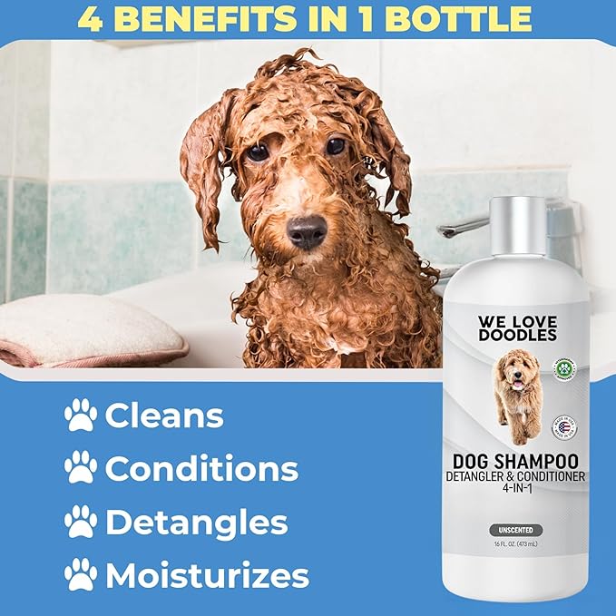 Dog Shampoo, Conditioner & Detangler - Best Shampoo for Goldendoodles, Poodles & Doodles Pet Hair - Hypoallergenic, Tearless, Sensitive Skin for Puppies & All Dog Breeds - Made in USA,16OZ (Unscented)