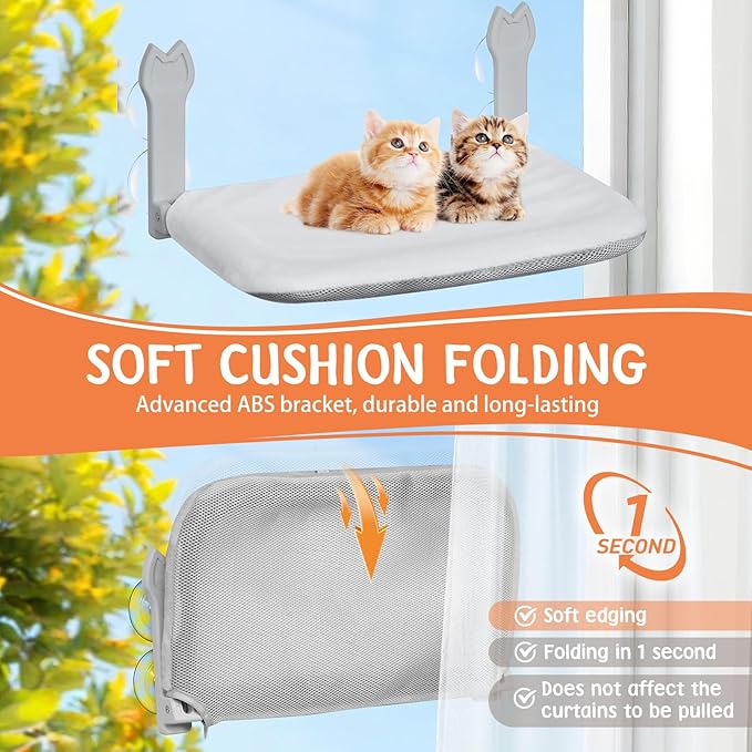 2 Pack Cat Window Perch,Cat Window Hammock Cordless Foldable Window Bed with 4 Large Strong Suction Cup,Reversible Cushion Cover,Metal Frame Easy to Adjust Window Seat Holds up to 40lbs(Gray，M)