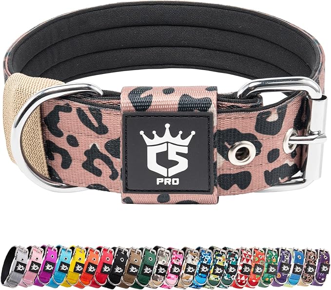 TSPRO Tactical Dog Collar 1.5 Inch Wide Thick Dog Collars with Heavy Duty Metal Buckle, Durable, Strong, Adjustable for Medium to Large Dogs (Leopard Print M)