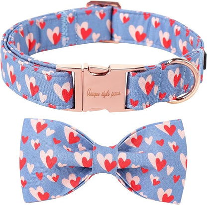 Unique style paws Valentine's Day Dog Collar with Bow Tie Red Blue Pink Heart Love Puppy Collar Best Gothic Style Gift for Small Medium Large Boys Girls-L