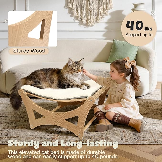 GreenPetopia Cat Hammock Bed, Wooden Elevated Cat Beds with Natural Sisal Scratching Mat, Cats Scratcher Bed with Removable Soft Cushion, Cats Scratching Beds with Wood Frames, 22" L x 17.7" W