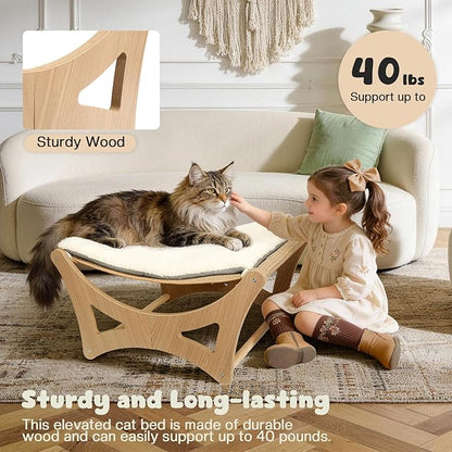 GreenPetopia Cat Hammock Bed, Wooden Elevated Cat Beds with Natural Sisal Scratching Mat, Cats Scratcher Bed with Removable Soft Cushion, Cats Scratching Beds with Wood Frames, 22" L x 17.7" W