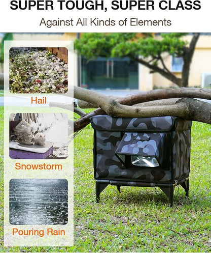 Indestructible Heated Cat House for Outside Winter, 100% Waterproof, Safe Escape Door, Insulated Outdoor Cat Shelter with Heater for Feral Barn Cat Kitty (Black Camouflage, 27"x17"x18")