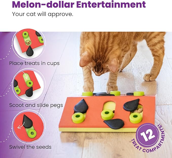 Catstages by Nina Ottosson Melon Madness Puzzle & Play – Interactive Treat Puzzle Feeder for Cats, 12 Hidden Treat Compartments Slow Feeder, Durable & Easy-Clean, 10 Inches, Pink