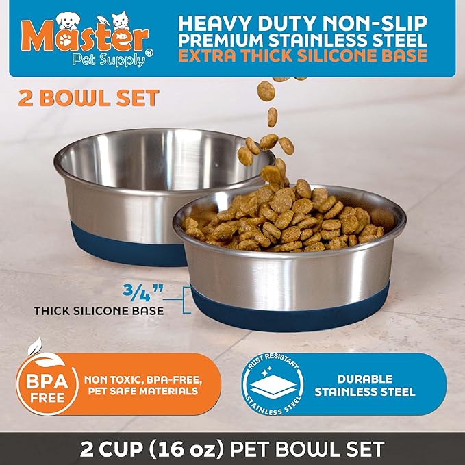 Master Pet Supply Stainless Steel Dog Bowls Set of 2 with Extra Thick Silicone Base - 2 Cup (16 oz) Navy Blue, Non-Slip, Dishwasher Safe Metal Bowls, Pet Dog Food Bowl for Dogs, Cats, Anti Rust