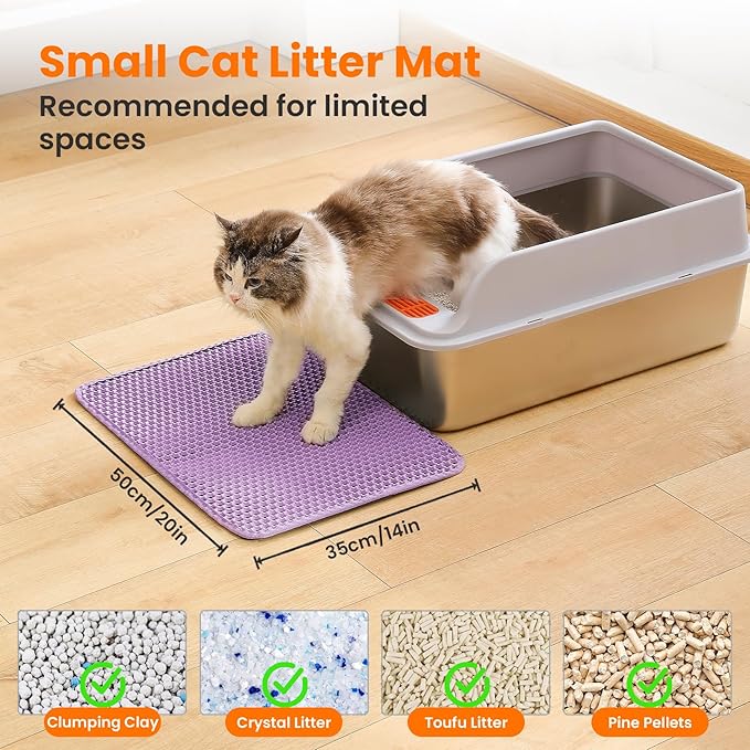 Petinstinct Small Cat Litter Mat, 20x14’’ Double Layer Honeycomb Cat Litter Box Mat, Non Slip Waterproof Urine Proof Litter Trapping Mat for Floor, Kitty Litter Pad, Indoor Pet Supplies, Purple