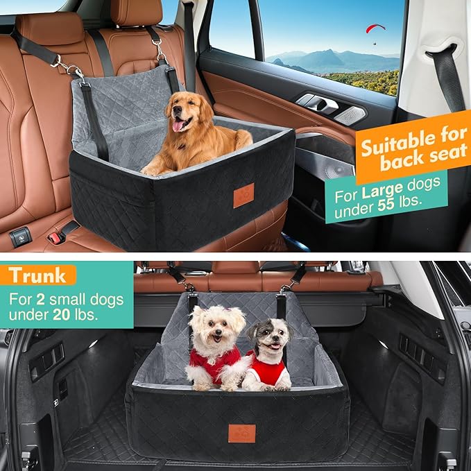 Dog Car Seat for Large Medium Dogs,Washable Pet CarSeat Under 55 lbs or 2 Small Dogs,Dog Booster Seat Travel Bed with Thick Cushion,2 Safety Leashes