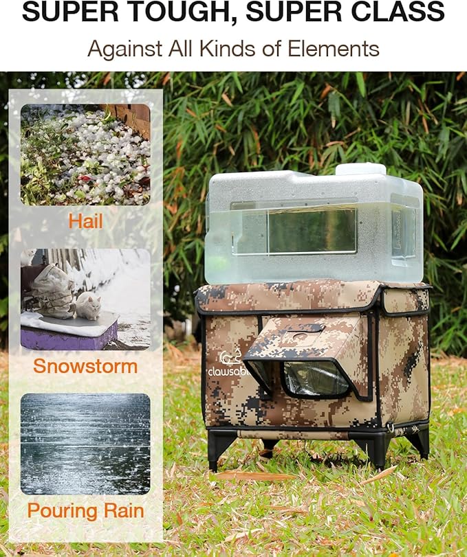 Indestructible Heated Cat House for Outside Winter, 100% Waterproof, Safe Escape Door, Insulated Outdoor Cat Shelter with Heater for Feral Barn Cat Kitty (Desert Camouflage, 26"x16"x18")